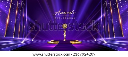 Golden Blue Purple Award Background. Jubilee Night Decorative Invitation. Trophy on Stage platform with spotlight. Wedding Entertainment Hollywood Bollywood Night. Elegant Luxury Steps Floor. Foto d'archivio © 