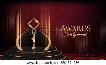 Elegant Looking Trophy Podium on stage. Red Golden Award Background. Luxury Premium Graphics. Throne Sitting Style. Royal Kingdom Prince Style Product Display with Light Effects. Modern Graphics. 