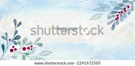 Winter watercolor background. Hand drawn spruce branches, berries and leaves. Delicate blue tones. Botanical design for wallpaper, poster, web, postcard, cover, congratulations. Horizontal orientation