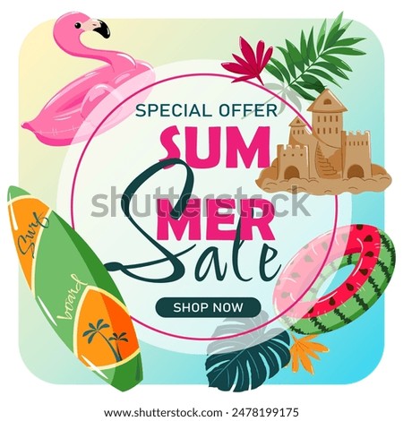 Poster, banner, sticker - summer discounts, sale. Summer holiday attributes - skateboard, sand castle, inflatable circles, tropical leaves.