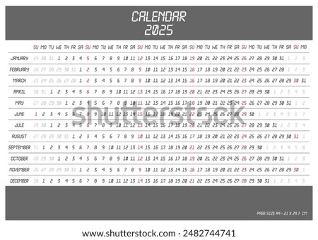 Linear Calendar 2025. Horizontal layout, page size A4, week starts on Sunday, English