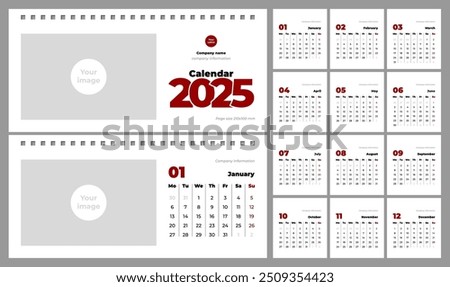 Calendar 2025. Desktop calendar template. Free space for logo and image. Horizontal, page size 210x100mm, English