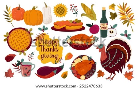 A set of illustrations, stickers for Thanksgiving. Pumpkins, turkey, pumpkin pie, roast turkey, corn, sunflower, cider, apples, autumn leaves.