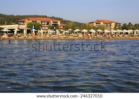 Neos Marmaras, Greece - July 09, 2014: Beach of Anthemus Sea Hotel. Chalkidike in Greece