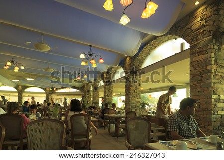 Neos Marmaras, Greece - July 10, 2014: Main restaurant in the Anthemus Sea Beach Hotel. Chalkidike in Greece