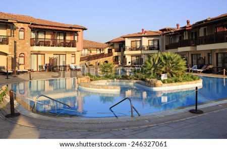 Neos Marmaras, Greece - July 09, 2014: Swimming pool on site of Anthemus Sea Beach Hotel. Chalkidike in Greece