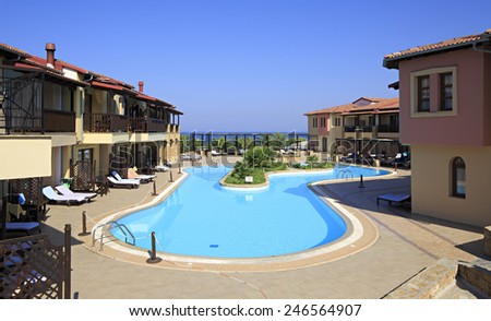 Neos Marmaras, Greece - July 10, 2014: Swimming pool on site of Anthemus Sea Beach Hotel. Chalkidike in Greece