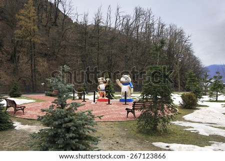 Sochi, Russia - February 13, 2015: Leopard and Polar bear - 2014 Winter Olympic and Paralympic Games mascots in Rosa Khutor Alpine Resort in Sochi