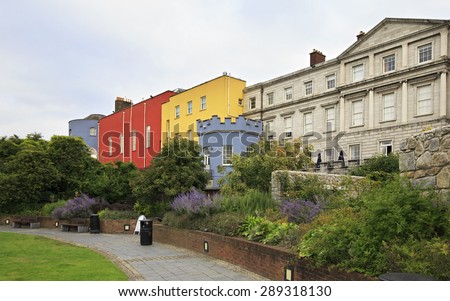 Dublin, Ireland - August 20, 2014: Dublin Castle, seen from the park to the south, outside the walls.
