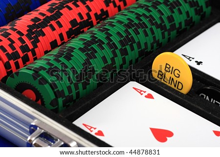 A set of chips and cards for the sport of poker.