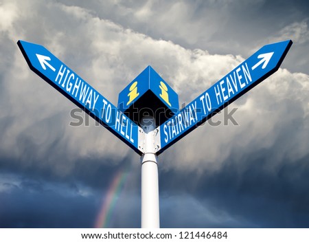 Street post with hell and heaven way signs