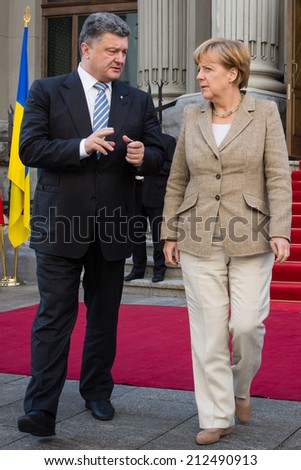 KIEV, UKRAINE - Aug 23, 2014: President of Ukraine Petro Poroshenko and Federal Chancellor of Germany Angela Merkel during a working visit to Ukraine