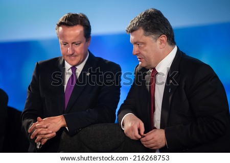 NEWPORT, WALES, UK - Sep 4, 2014: President of Ukraine Petro Poroshenko and British Prime Minister David Cameron during a meeting at the NATO summit in Newport (Wales, UK)