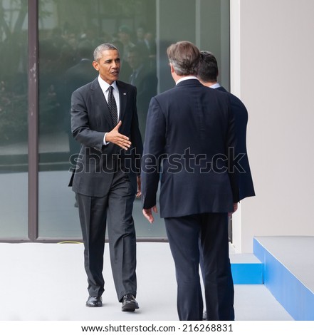NEWPORT, WALES, UK - Sep 4, 2014: NATO summit. US President Barack Obama, British Prime Minister David Cameron and NATO Secretary General Anders Fogh Rasmussen at the NATO summit in Newport