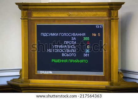 KIEV, UKRAINE - Sep 16, 2014: Electronic display with the results of the voting law on the ratification of the Association Agreement between Ukraine and the EU