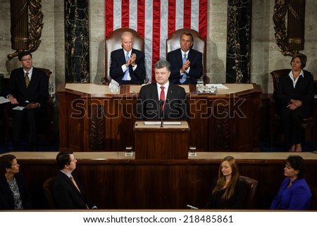WASHINGTON D.C., USA - Sep 18, 2014: Speech by President of Ukraine Petro Poroshenko at the joint session of the Senate and House of Representatives in Washington, DC (USA)