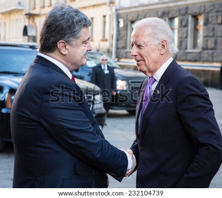 KIEV, UKRAINE - NOV 21, 2014: President of Ukraine  Petro Poroshenko and vice president of USA Joe Biden during their meeting in Kiev