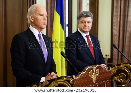 KIEV, UKRAINE - NOV 21, 2014:  President of Ukraine  Petro Poroshenko during a meeting with Vice President of USA Joe Biden in Kiev