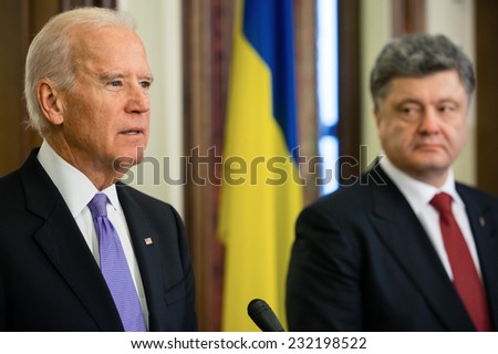 KIEV, UKRAINE - NOV 21, 2014:  President of Ukraine  Petro Poroshenko during a meeting with Vice President of USA Joe Biden in Kiev