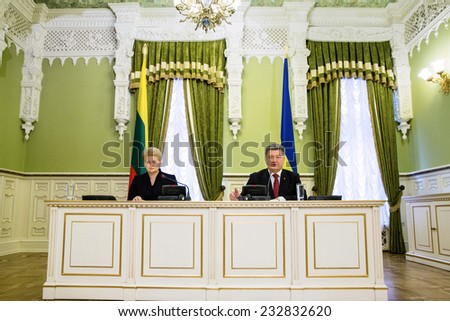 KIEV, UKRAINE - NOV 24, 2014: President of Ukraine Petro Poroshenko during an official meeting with the Lithuanian President Dalia Grybauskaite, in Kiev