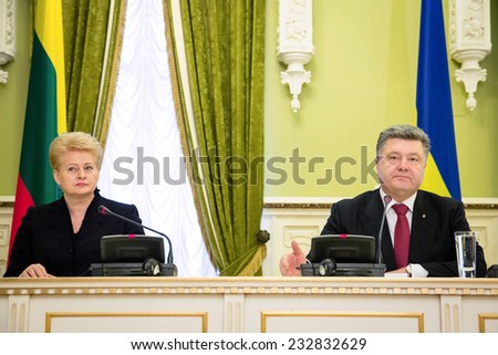 KIEV, UKRAINE - NOV 24, 2014: President of Ukraine Petro Poroshenko during an official meeting with the Lithuanian President Dalia Grybauskaite, in Kiev