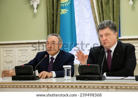 KIEV, UKRAINE  - DECEMBER 22, 2014: President of Kazakhstan Nursultan Nazarbayev during the official meeting with the President of Ukraine Petro Poroshenko in Kiev