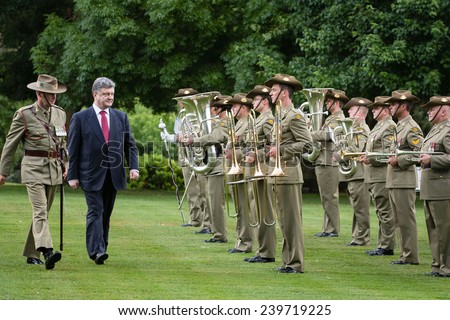CANBERRA, AUSTRALIA - DECEMBER 11, 2014: Guard of honor during an official welcoming ceremony of President of Ukraine Petro Poroshenko and Governor-General of Australia, Peter John Cosgrove
