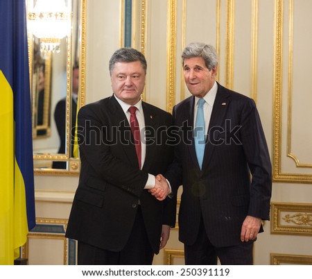 KIEV, UKRAINE - Feb 5, 2015: President of Ukraine Petro Poroshenko and US Secretary of State John Kerry during an official meeting in Kiev