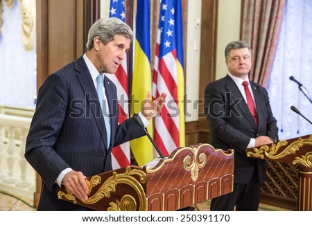 KIEV, UKRAINE - Feb 5, 2015: President of Ukraine Petro Poroshenko and US Secretary of State John Kerry during a joint press conference in Kiev