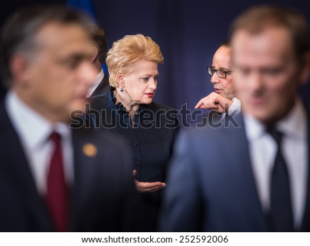 BRUSSELS, BELGIUM - Feb 12, 2015: Lithuanian President Dalia Grybauskaite and French President Francois Hollande  at the informal EU summit in Brussels (Belgium)