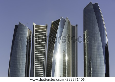 ABU DHABI, UNITED ARAB EMIRATES - Feb 24, 2015: Etihad Towers is a complex of buildings with five towers in Abu Dhabi, the capital city of the United Arab Emirates.