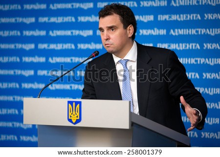 KIEV, UKRAINE - Mar. 04, 2015: Ukrainian Economy Minister Aivaras Abromavicius on briefing after meeting of the National Council reform. Words on background - Administration of President of Ukraine