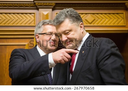 KIEV, UKRAINE - Apr. 09, 2015: Polish President Bronislaw Komorowski and President of Ukraine Petro Poroshenko during the parliamentary session in the building of the Verkhovna Rada of Ukraine in Kiev