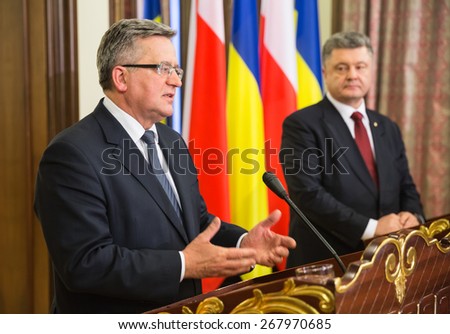 KIEV, UKRAINE - Apr. 08, 2015: Polish President Bronislaw Komorowski during an official meeting with the President of Ukraine, Pyotr Poroshenko