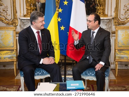 PARIS, FRANCE - Apr 22, 2015: President of Ukraine Petro Poroshenko and French President Francois Hollande during an official meeting in Paris