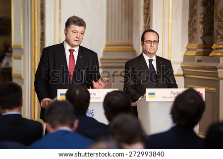 PARIS, FRANCE - Apr 22, 2015: President of Ukraine Petro Poroshenko and French President Francois Hollande during a press conference in Paris