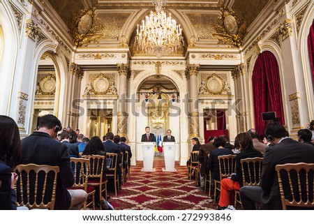 PARIS, FRANCE - Apr 22, 2015: President of Ukraine Petro Poroshenko and French President Francois Hollande during a press conference in Paris