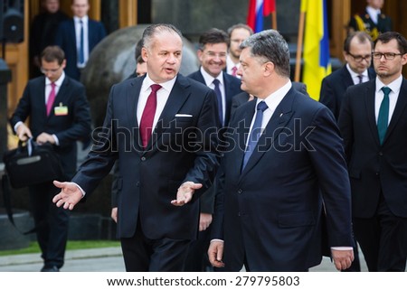 KIEV, UKRAINE - May.20, 2015: President of Ukraine Petro Poroshenko (R) and the President of the Slovak Republic Andrej Kiska during the official meeting in Kiev