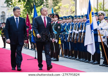 KIEV, UKRAINE - May 20, 2015: President of Ukraine Petro Poroshenko (L) and the President of the Slovak Republic Andrej Kiska during the official meeting in Kiev