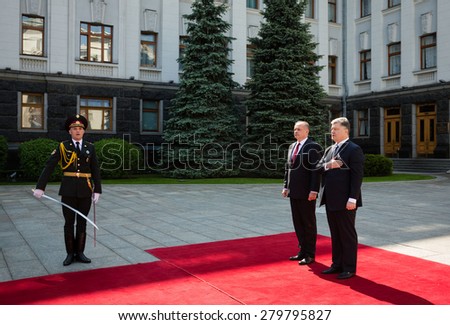KIEV, UKRAINE - May 20, 2015: President of Ukraine Petro Poroshenko (R) and the President of the Slovak Republic Andrej Kiska during the official meeting in Kiev