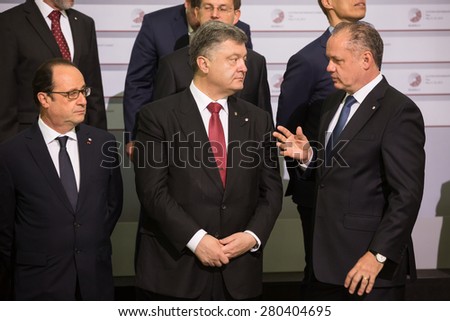 RIGA, LATVIA - May 22, 2015: Eastern Partnership Sammit. (L-R) French President Francois Hollande, President of Ukraine Petro Poroshenko and President of Slovakia Andrej Kiska
