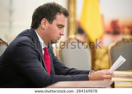 KIEV, UKRAINE - Jun 03, 2015: Minister of Economic Development and Trade of Ukraine Aivaras Abromavicius during a meeting of the National Council of the reforms in Kiev