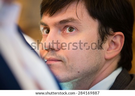 KIEV, UKRAINE - Jun 03, 2015: Minister of Infrastructure of Ukraine Andriy Pivovarsky during a meeting of the National Council of the reforms in Kiev