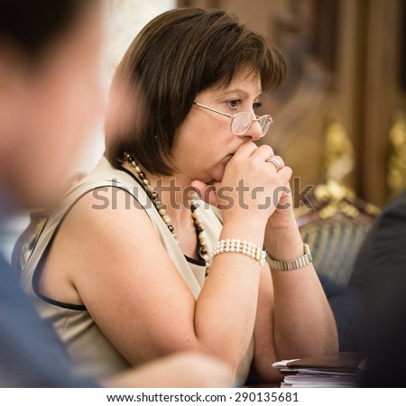 KIEV, UKRAINE - Jun 23, 2015: Minister of Finance of Ukraine Natalia Yaresko during a meeting of the National Council reform in Kiev