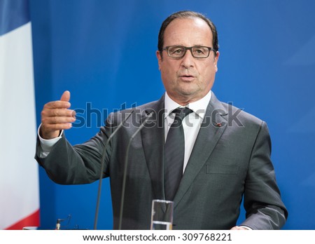 BERLIN, GERMANY - Aug 24, 2015: French President Francois Hollande during his meeting with German Chancellor Angela Merkel and the President of Ukraine Petro Poroshenko
