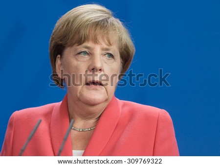 BERLIN, GERMANY - Aug 24, 2015: Chancellor of the Federal Republic of Germany Angela Merkel during a joint briefing with President of Ukraine Petro Poroshenko and French President Francois Hollande