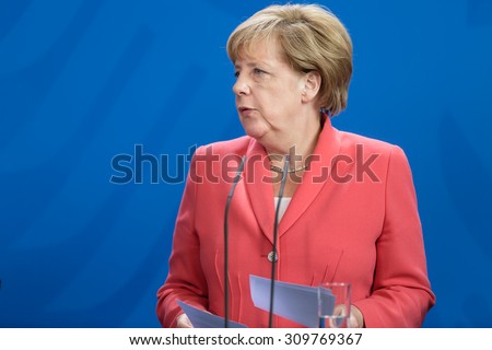 BERLIN, GERMANY - Aug 24, 2015: Chancellor of the Federal Republic of Germany Angela Merkel during a joint briefing with President of Ukraine Petro Poroshenko and French President Francois Hollande