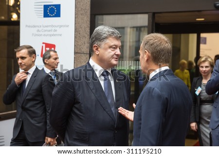 BRUSSELS, BELGIUM - Aug 27, 2015: President of Ukraine Petro Poroshenko and the President of the European Council, Donald Tusk during a meeting in Brussels