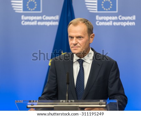 BRUSSELS, BELGIUM - Aug 27, 2015: President of the European Council Donald Tusk during a meeting with President of Ukraine Petro Poroshenko in Brussels