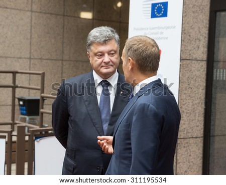 BRUSSELS, BELGIUM - Aug 27, 2015: President of Ukraine Petro Poroshenko and the President of the European Council, Donald Tusk during a meeting in Brussels